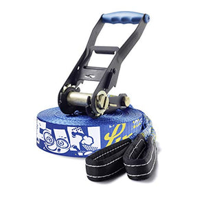 Gibbon Slacklines Funline with treewear, Blue, 49ft (41ft line + 8ft Ratchet Strap with Reinforced Loop) incl. Ratchet Protection, Tree and line Protection (Black Felt) 50mm/2" Wide