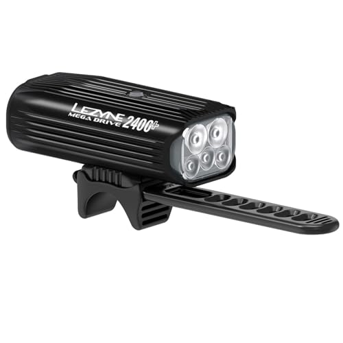 LEZYNE Mega Drive Bicycle USB Rechargeable Durable Weather-Resistant IPX7 White LED Front Light with Multiple Solid & Flash Modes | Integrated Silicone Rubber Strap Mount | 2400/1800 Lumens Options