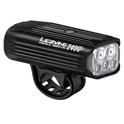 LEZYNE Mega Drive Bicycle USB Rechargeable Durable Weather-Resistant IPX7 White LED Front Light with Multiple Solid & Flash Modes | Integrated Silicone Rubber Strap Mount | 2400/1800 Lumens Options