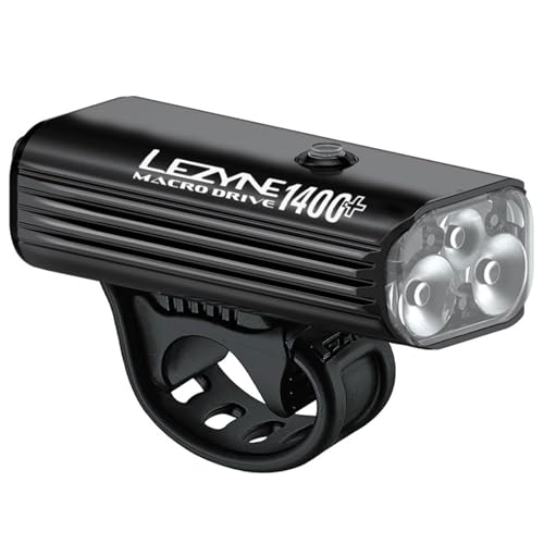 LEZYNE Macro Drive Bicycle USB Rechargeable IPX7 Waterproof 3 White LED Tri-Focus Optics Front Light w/ 4 Solid & 3 Flash Modes | Silicone Rubber Mounting Strap - 1400/1300 Lumens Options