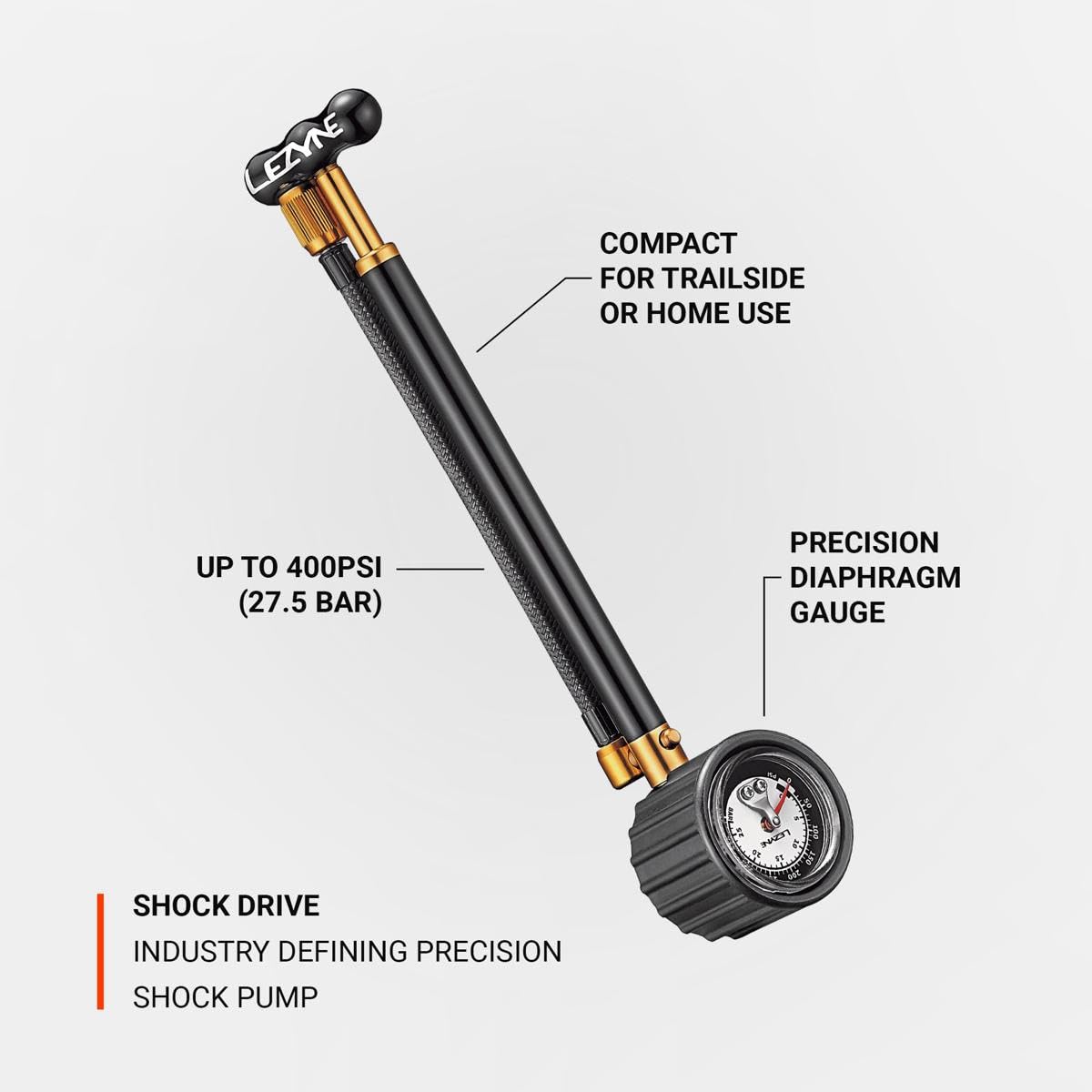 LEZYNE Shock Drive Bicycle Hand Pump, High Pressure 400psi Shock Pump, Portable, Mountain & Road Bike Pump