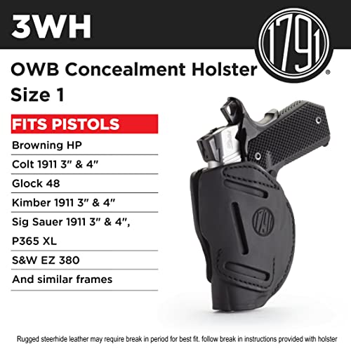 1791 GUNLEATHER 3-Way 1911 Holster - Ambidextrous OWB CCW Holster - Right or Left Handed Leather Gun Holster - Fits All 1911 Models Sig, Colt, Kimber, Ruger, Browning, Taurus and Remmington