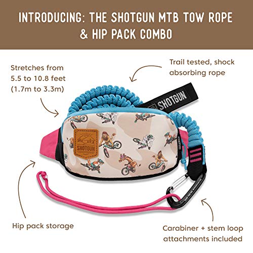 Shotgun Kids MTB Kids Tow Rope and Kids Hip Pack Combo - Complete Set | Child Bike Bungee Cord Pull Behind | Compatible with All Mountain Bikes | for Bigger Family Rides | Load Rated to 500lb