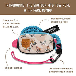 Shotgun Kids MTB Kids Tow Rope and Kids Hip Pack Combo - Complete Set | Child Bike Bungee Cord Pull Behind | Compatible with All Mountain Bikes | for Bigger Family Rides | Load Rated to 500lb